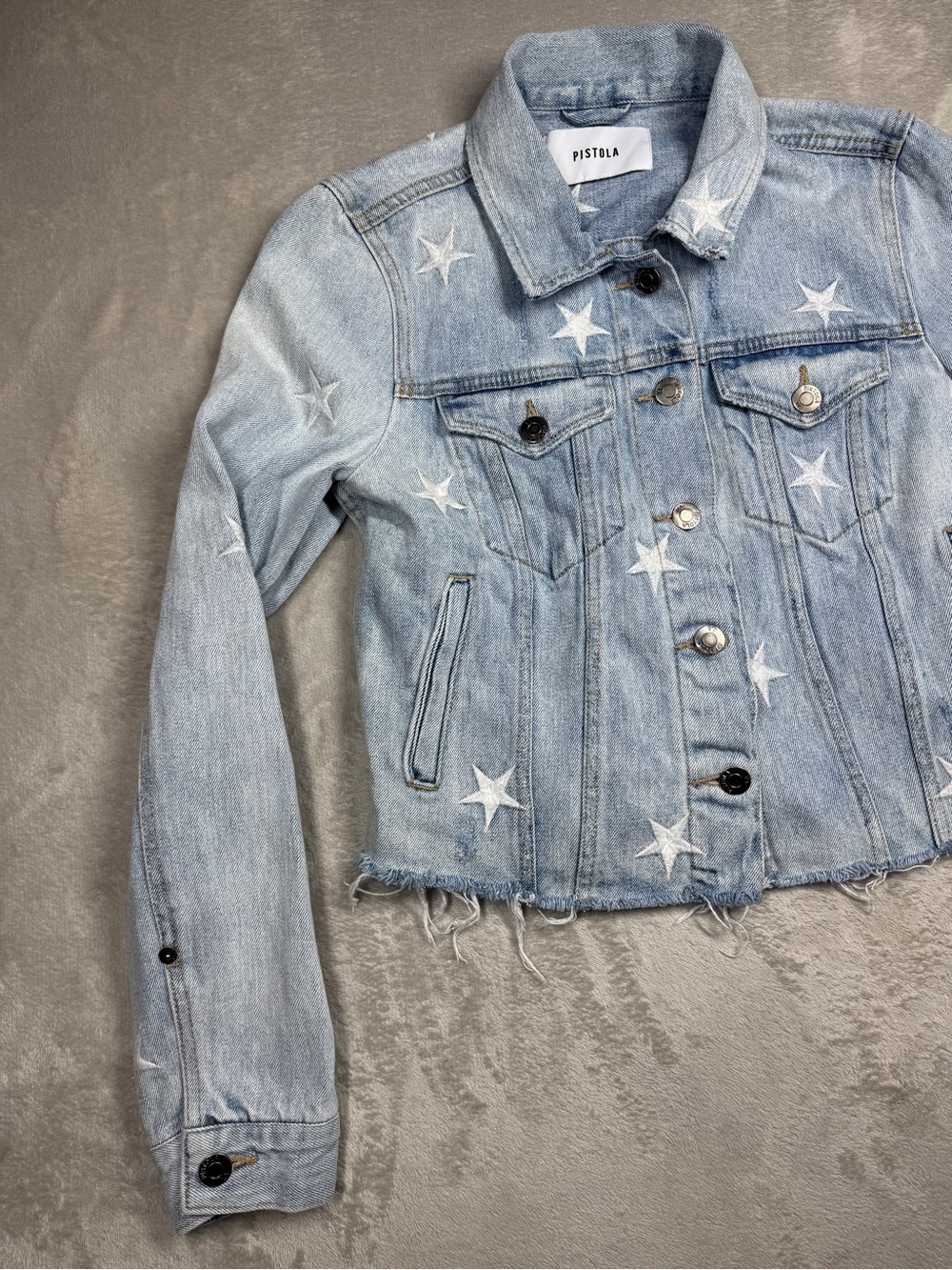 Pistola Brando Embroidered Star Distressed Cut Off Denim Blue Jean Jacket Small - Picture 4 of 15